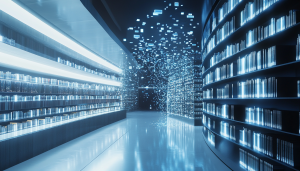 A futuristic library interior with sleek, minimalist shelves filled with glowing digital books soft blue and white lighting illuminates the space, creating a sense of wonder and discovery, digital particles floating in the air representing the flow of information