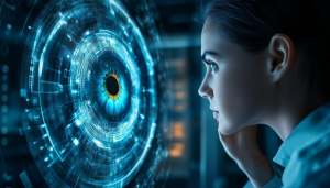 AI Image of a person looking into a spherical orbit device as their iris is displayed on a large screen / Sam Altman’s Worldcoin, the blockchain-based eyeball-scanning identifier, is to rebrand as ‘World’ in a change of strategy for the project.