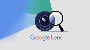 A logo illustration of Google Lens with a camera lens and a magnifying glass. The Google Lens text is in the same font as the Google logo. The background is a gradient of blue to white.