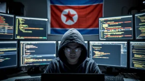 Image depicting crypto-stealing malware hackers at work with a North Korea flag in the background / Threat actors linked to North Korea, posing as Web3 recruiters, are targeting job seekers to install crypto-stealing malware on their devices.