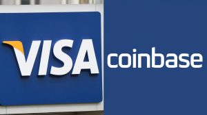 A photo of a Visa logo and a Coinbase logo side by side. The Visa logo is on the left and features the Visa wordmark in white text on a blue background. The Coinbase logo is on the right and features the Coinbase wordmark in white text on a blue background.