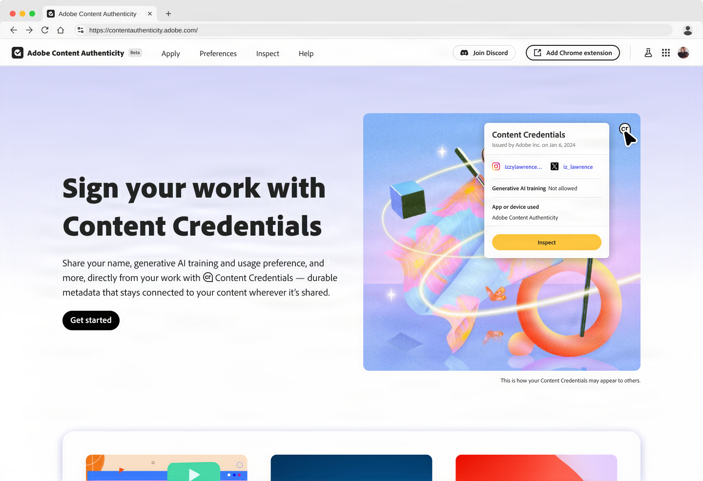 Tangkapan layar dari halaman web beta Adobe Content Authenticity