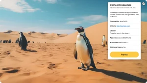 Adobe Content Authenticity shows the data behind an image of a penguin.