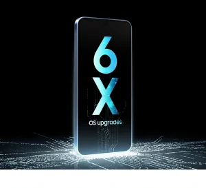 Galaxy A16 5G in the middle of a black background. It has the words '6x' listed on it referring to the promise of six years of updates.