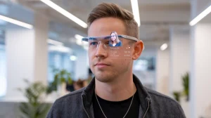 A photo of a man wearing smart glasses. The glasses have a transparent display on the lens that is showing information about a stranger. The stranger is a woman with short, dark hair, wearing a black shirt and a necklace. The information being shown includes her name, age, occupation, and a few other details. The background is a modern office space with white walls and a few plants.