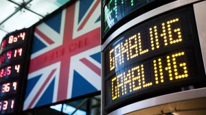 A photo of a stock market ticker displaying the decreasing value of a gambling company. Behind the ticker, there's a Union Jack flag. The ticker is displayed on a wall with other tickers. The overall ambiance of the photo is a financial setting.