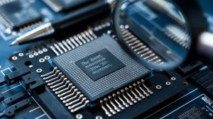 A photo of a computer chip with many microscopic circuit paths. The chip is mounted on a black board with a few pins. There is a large magnifying glass near the chip. The background is blurred and contains a few other chips and a pen.