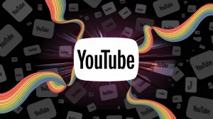 A dynamic background with a large YouTube logo in the middle. The logo is made of colorful, wavy lines that twist and turn in all directions. The background is filled with smaller, white YouTube logos that float and pulse in rhythm with the large logo.