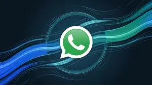 A dynamic background with a pulsating blue and green gradient. On top of this background, there's the WhatsApp logo, which is a white text with a green background that says "WhatsApp". The text is placed inside a green circle with a white outline. The overall image has a smooth, vector-like quality.