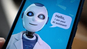 A photo of a mobile phone screen displaying a 3D AI robot with a friendly smile. The robot is wearing a lab coat and has a blue background. The robot's eyes light up as it says "Hello, I am your AI assistant!".