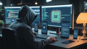 Image of a hacker exploiting zero-day flaw in Qualcomm chips / Hackers targeted Android users by exploiting zero-day bug in Qualcomm chips.