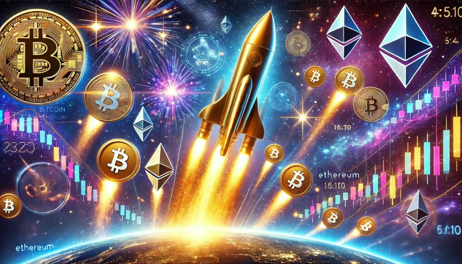 A dynamic illustration of various cryptocurrency symbols, including Bitcoin, soaring upwards like rockets, representing the ongoing market rally and investor enthusiasm.