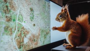 An AI system monitors red squirrel populations by reviewing a digital map of the UK on a large screen