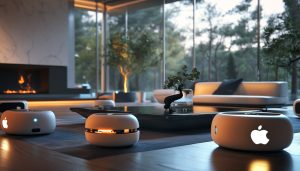 A futuristic home interior with many smart devices with the apple logo on them