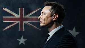 A side profile image of Elon Musk with an Image of the Australian flag behind him