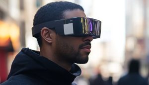 A man wears AI powered smart glasses.