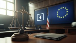 A courtroom setting, with a judge's gavel and a set of scales in the foreground. In the background, a large screen displays the Facebook logo and the Marketplace icon, highlighting the connection between the two services. A European Union flag is on one wall