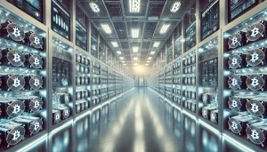 An expansive Bitcoin mining farm filled with rows of high-tech mining rigs and glowing data servers, representing the surge of publicly-traded Bitcoin mining companies reaching a market cap over $43 billion; futuristic and sleek design, no people present.