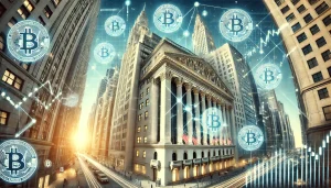 An illustration of Wall Street skyscrapers intertwined with Bitcoin symbols, representing major financial institutions investing in Bitcoin through MicroStrategy shares.