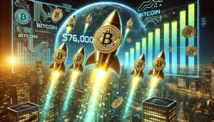 A futuristic illustration of Bitcoin soaring past $76,000, with golden Bitcoin coins rising like rockets against a backdrop of ascending financial charts, in a cyberpunk aesthetic.