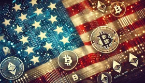 An abstract image blending elements of the U.S. flag with digital cryptocurrency symbols, representing the integration of cryptocurrency into national financial policies.