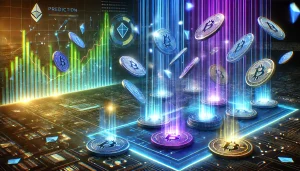 An abstract digital illustration of tokens cascading over a futuristic prediction market interface, symbolizing a token drop in a decentralized platform.