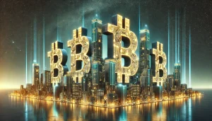 A futuristic city skyline constructed from towering Bitcoins, representing the massive growth and mainstream adoption of Bitcoin in the global financial landscape.