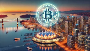 An aerial view of Vancouver's skyline at dusk with iconic landmarks like Canada Place and the Lions Gate Bridge illuminated; a large, translucent Bitcoin symbol hovers in the sky, blending seamlessly with the city lights to represent the city's embrace of cryptocurrency.