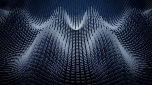 A 3D visualization of sound wave patterns. The sound waves are depicted as ripples spreading outwards from a central point. The waves are undulating, with peaks and troughs. The background is a dark blue gradient.