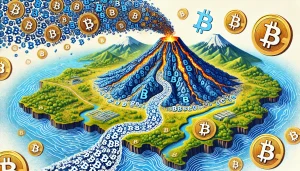 An artistic illustration of El Salvador's map formed by Bitcoin symbols, with a volcano erupting Bitcoins instead of lava, symbolizing geothermal Bitcoin mining from the Tecapa volcano and the nation's growing Bitcoin holdings.