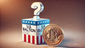 An image depicting a Bitcoin coin beside an election ballot box with a question mark overhead, symbolizing how U.S. election uncertainty is impacting Bitcoin markets.