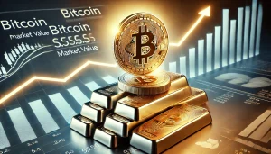 A golden Bitcoin coin ascending above a stack of silver bars, symbolizing Bitcoin surpassing silver in market value, with financial graphs in the background showing an upward trend.