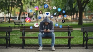 A cinematic shot of a person sitting on a bench in a park, engrossed in their phone. They are surrounded by a variety of social media apps, including Instagram, Facebook, TikTok, and Twitter. The person is dressed casually in a hoodie and jeans. The background is a lush green park with trees and benches.