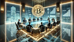 An abstract illustration of a corporate boardroom where executives watch a presentation featuring a large Bitcoin symbol on a screen, symbolizing a pitch to invest in Bitcoin.