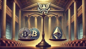 An illustration of the scales of justice balancing cryptocurrency symbols (like Bitcoin and Ethereum logos) on one side and the SEC emblem on the other, set against the backdrop of a courthouse.