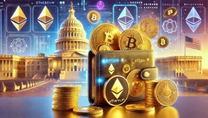 Abstract illustration of a digital wallet overflowing with various cryptocurrencies like Ethereum and Bitcoin, set against the backdrop of the U.S. Capitol building, symbolizing significant crypto holdings in U.S. politics.