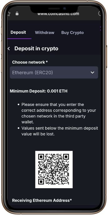 CoinCasino Ethereum Deposit Page