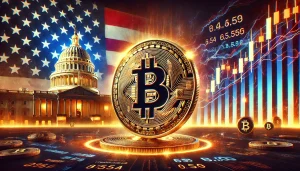 Dynamic scene with a large Bitcoin symbol surrounded by fluctuating market charts and price graphs, symbolizing price movements and volatility. In the background, subtly include the U.S. Capitol building and American flags, signifying the influence of the election on the cryptocurrency market. Use a dramatic, dark color scheme with gold accents on the Bitcoin symbol to make it prominent. The image should look intense and engaging, reflecting the high-stakes atmosphere.