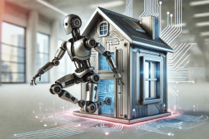 AI tenant algorithm screening tool SafeRent settles $2.3M housing bias lawsuit. An AI-powered robot house, blending technology and architecture with a futuristic design.