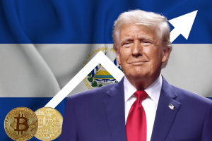 Bitcoin may strengthen ties between El Salvador and Trump amid strategic shifts. Image of Donald Trump in front of the El Salvador flag, featuring Bitcoin coins and an upward arrow symbolizing economic growth and strategic ties.