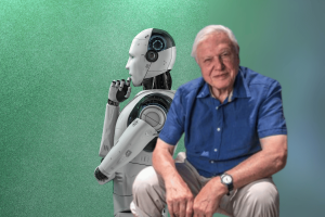 David Attenborough slams AI voice cloning amid rising scams in UK. David Attenborough sits in a blue shirt and beige trousers in front of a robot contemplating in the background