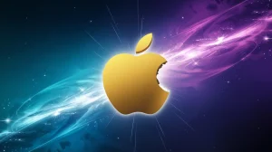 A dynamic background with a large apple logo. The apple is golden and has a bite taken out of it, with a white background. The background is a gradient of blue and purple hues, with swirling patterns and stars. The overall image has a cosmic and futuristic feel.