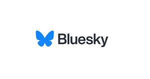 Bluesky logo on a plain white background. Logo is written in black with the butterfly in blue.