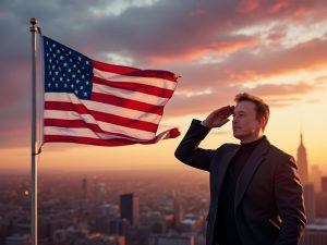 Elon Musk stood next to the US flag. Sky in the background with skyscrapers.