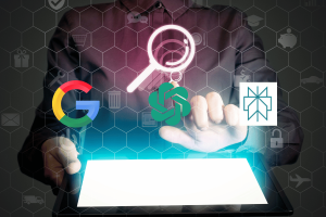 Google, SearchGPT and Perplexity AI - which search engine is the best. Image of a person using a digital tablet, with icons of popular search engines displayed. The Google logo, the ChatGPT logo (representing SearchGPT), and the Perplexity AI logo are arranged around a central magnifying glass icon, symbolizing search functionality. The background includes hexagonal patterns with various digital and technology-related icons, suggesting a high-tech, competitive landscape for search engine technologies.