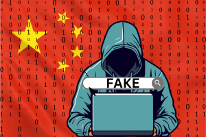 Google removes hundreds of news sites for pro-China influence operation. An illustration depicting a hooded figure sitting at a laptop, symbolizing anonymity and cyber operations, with the word 