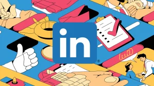 A video of a LinkedIn logo appearing and disappearing repeatedly on a dynamic background. The background is a collage of various professional images such as a hand giving a thumbs up, a clipboard with a checkmark, a graduation cap, and a businessman shaking hands with a woman. The LinkedIn logo is placed in the bottom right corner of the screen.