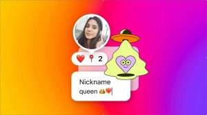 Pink and orange gradient background with an image of a girl in the center. 'Nickname queen' is listed below.