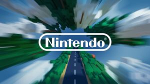 A cinematic medium shot of a Nintendo logo appearing on a dynamic, 3D background. The background contains moving clouds, trees, and a road. The logo itself is static. The overall image has a blue hue.