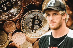 Logan Paul faces scrutiny over crypto deals amid claims of misleading fans. Image of Logan Paul in black cap and hoodie in front of background of cryptocurrency coins